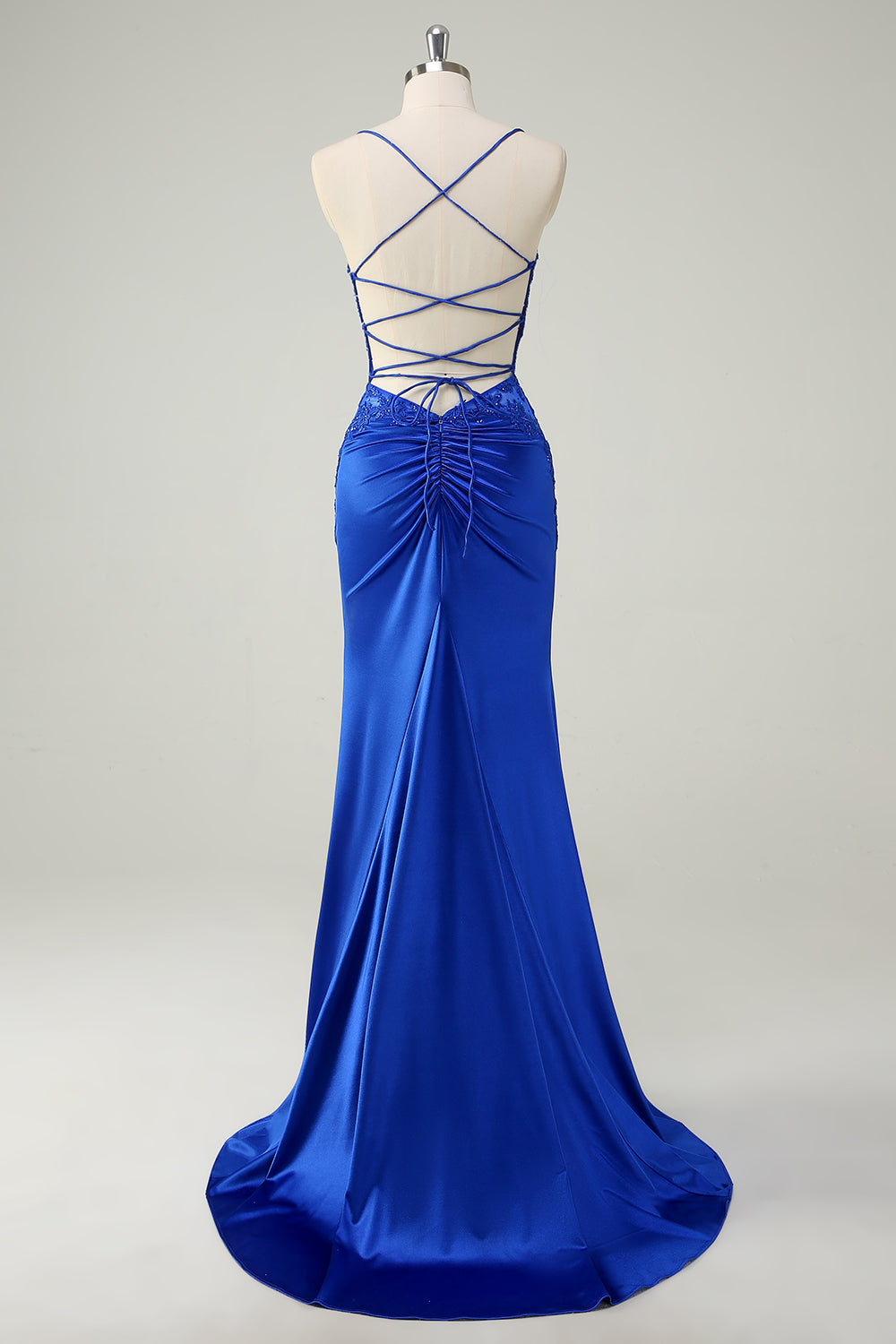 Royal Blue Mermaid Corset Appliqued Long Prom Dress with Slit