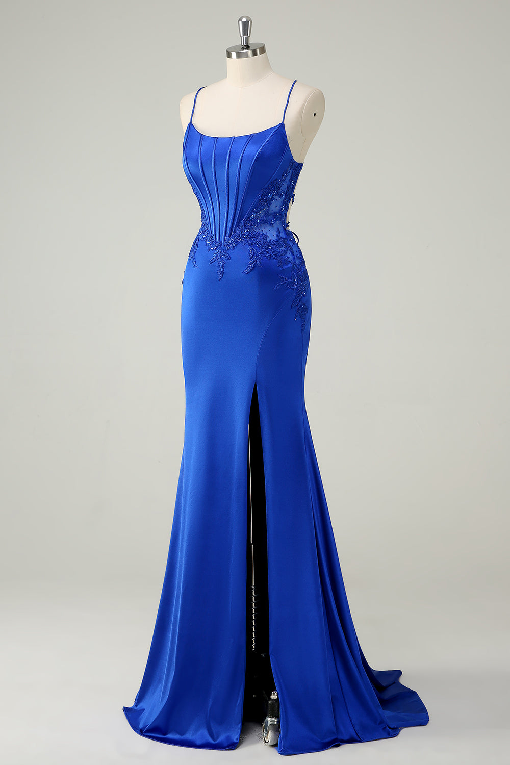 Royal Blue Mermaid Corset Appliqued Long Prom Dress with Slit