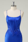Royal Blue Mermaid Corset Appliqued Long Prom Dress with Slit