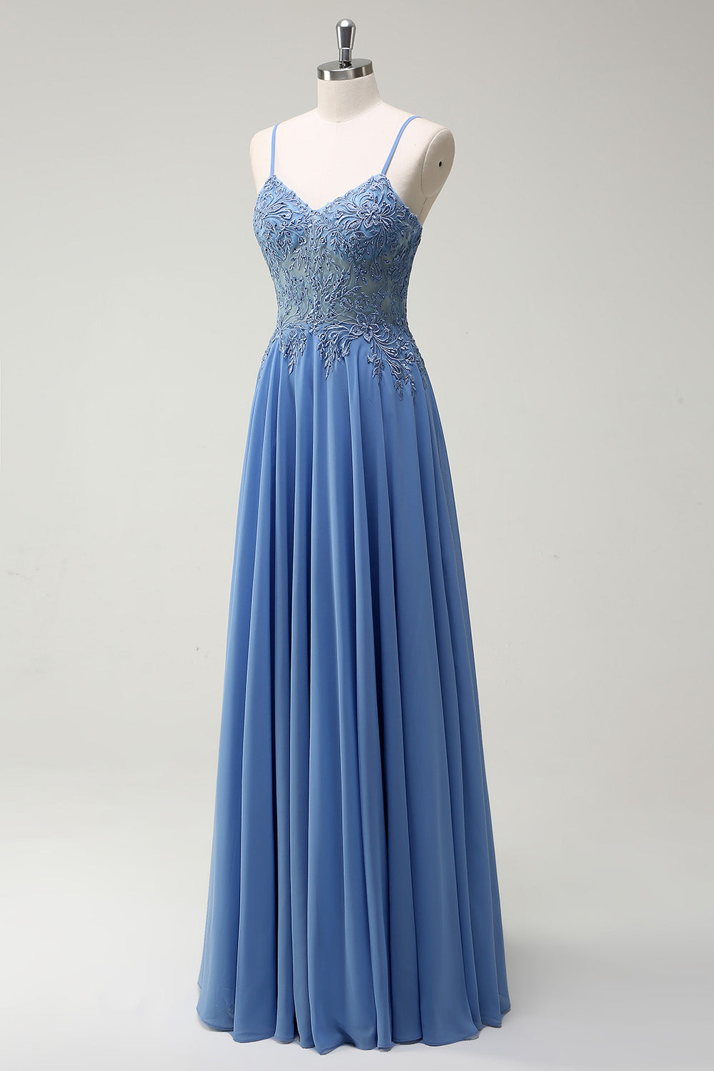 Grey Blue A Line Spaghetti Straps Pleated Long Prom Dress with Appliques