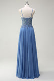 Grey Blue A Line Spaghetti Straps Pleated Long Prom Dress with Appliques