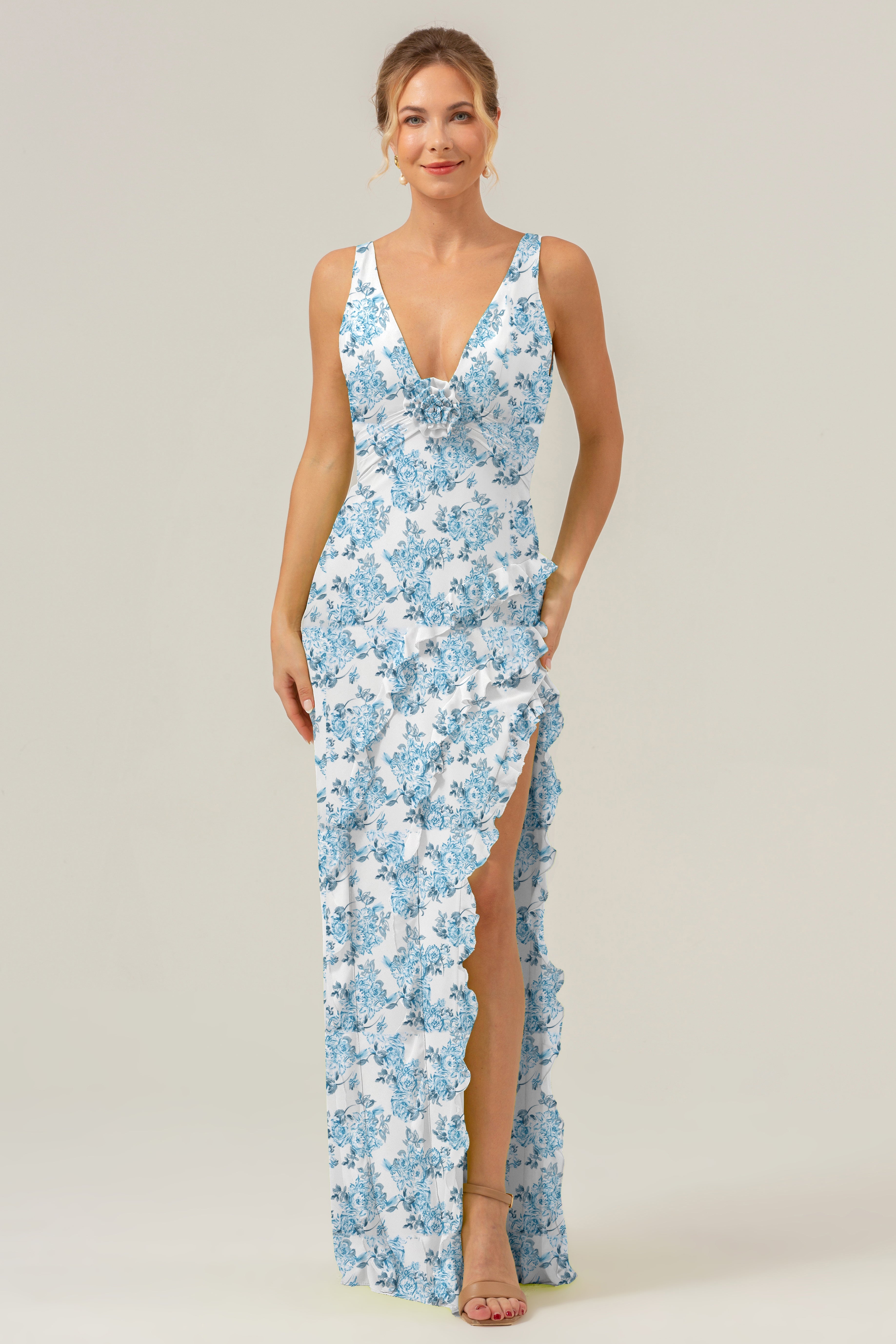 Green Large Floral Sheath V Neck Open Back Bridesmaid Dress with Ruffle Slit