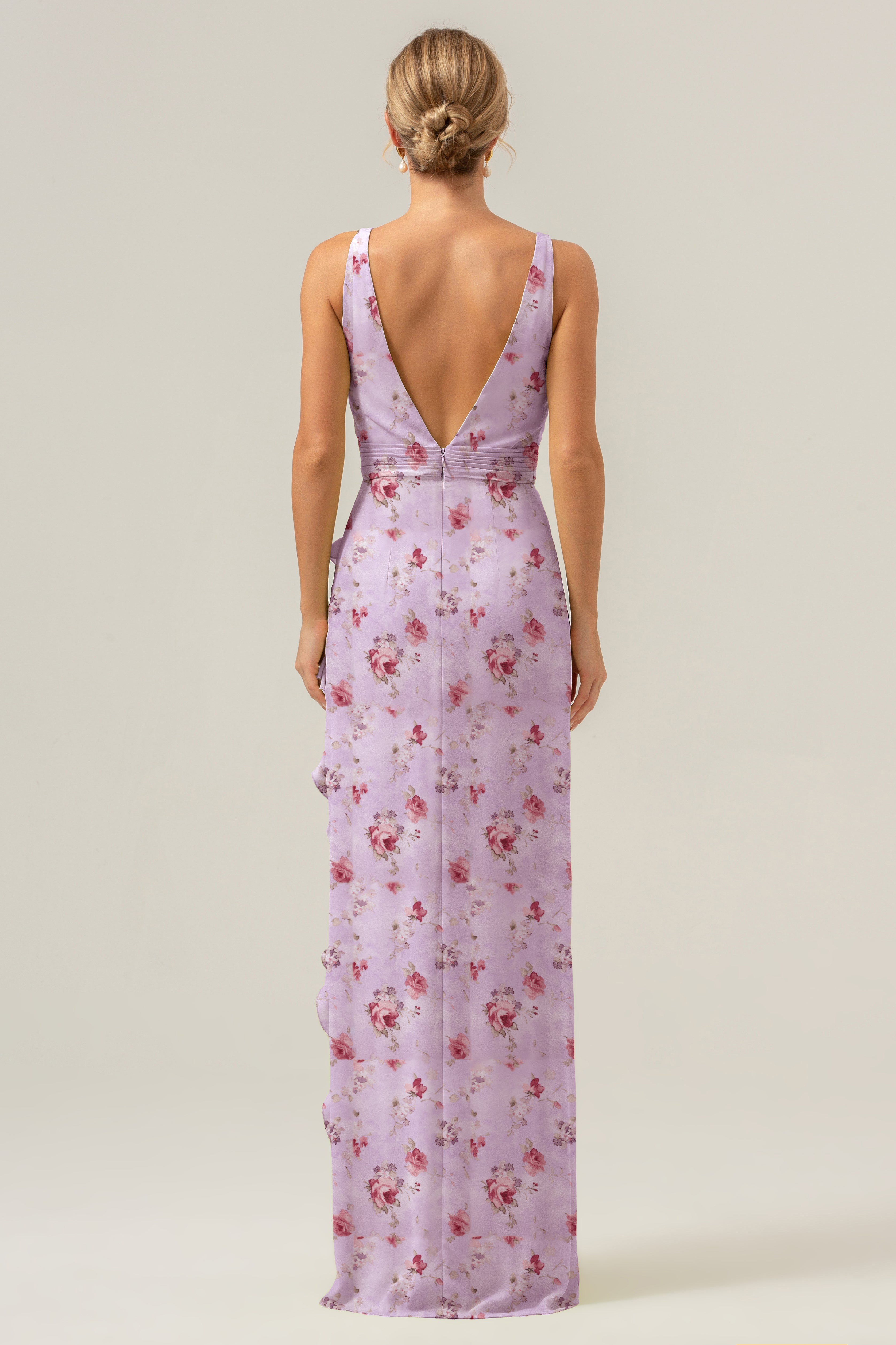 Green Large Floral Sheath V Neck Open Back Bridesmaid Dress with Ruffle Slit