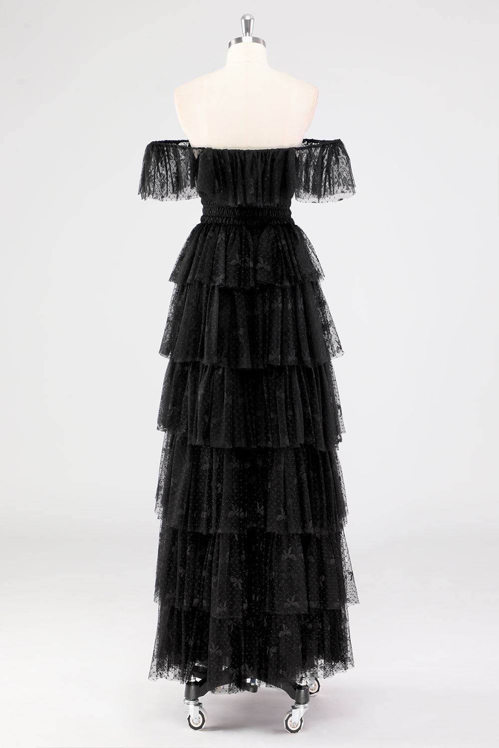 A Line Black Square Neck Tiered Formal Dress
