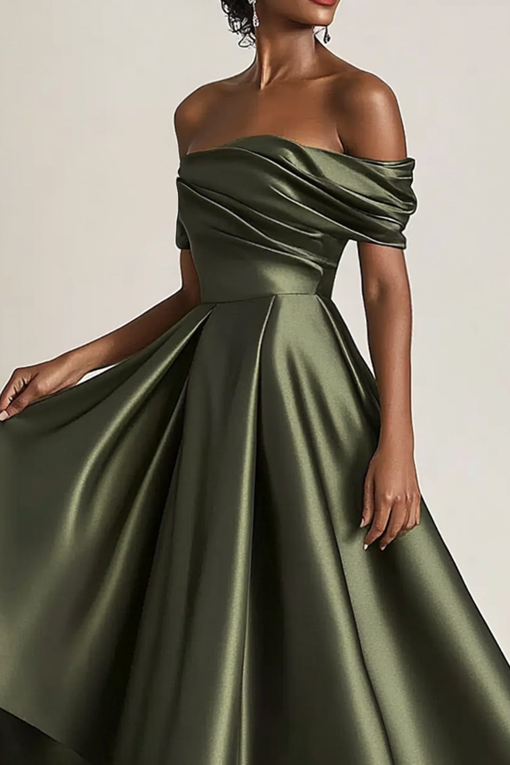 Off the Shoulder Ruched Olive Midi Mother of the Bride Dress