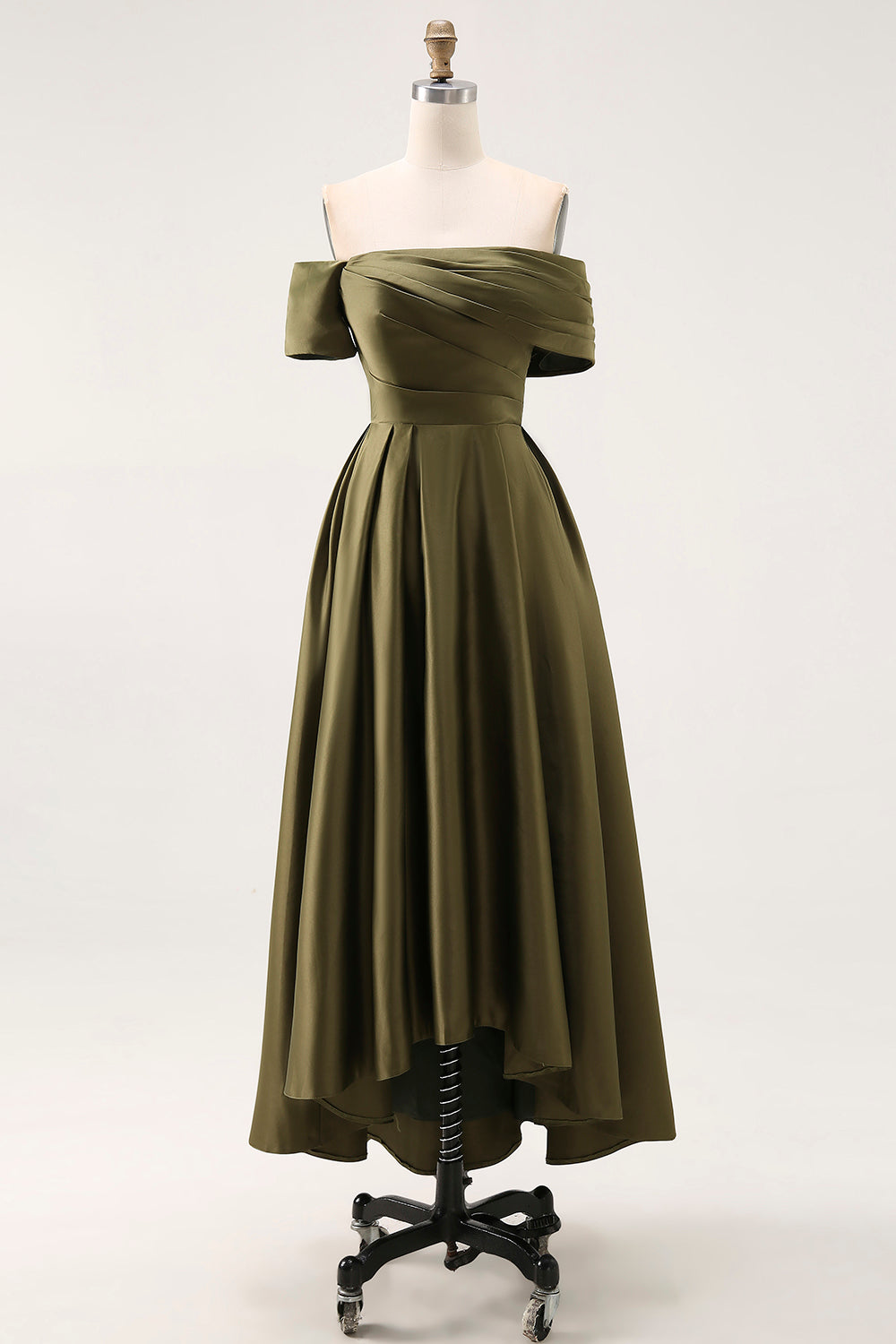 Off the Shoulder Ruched Olive Midi Mother of the Bride Dress