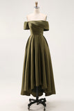 Off the Shoulder Ruched Olive Midi Mother of the Bride Dress