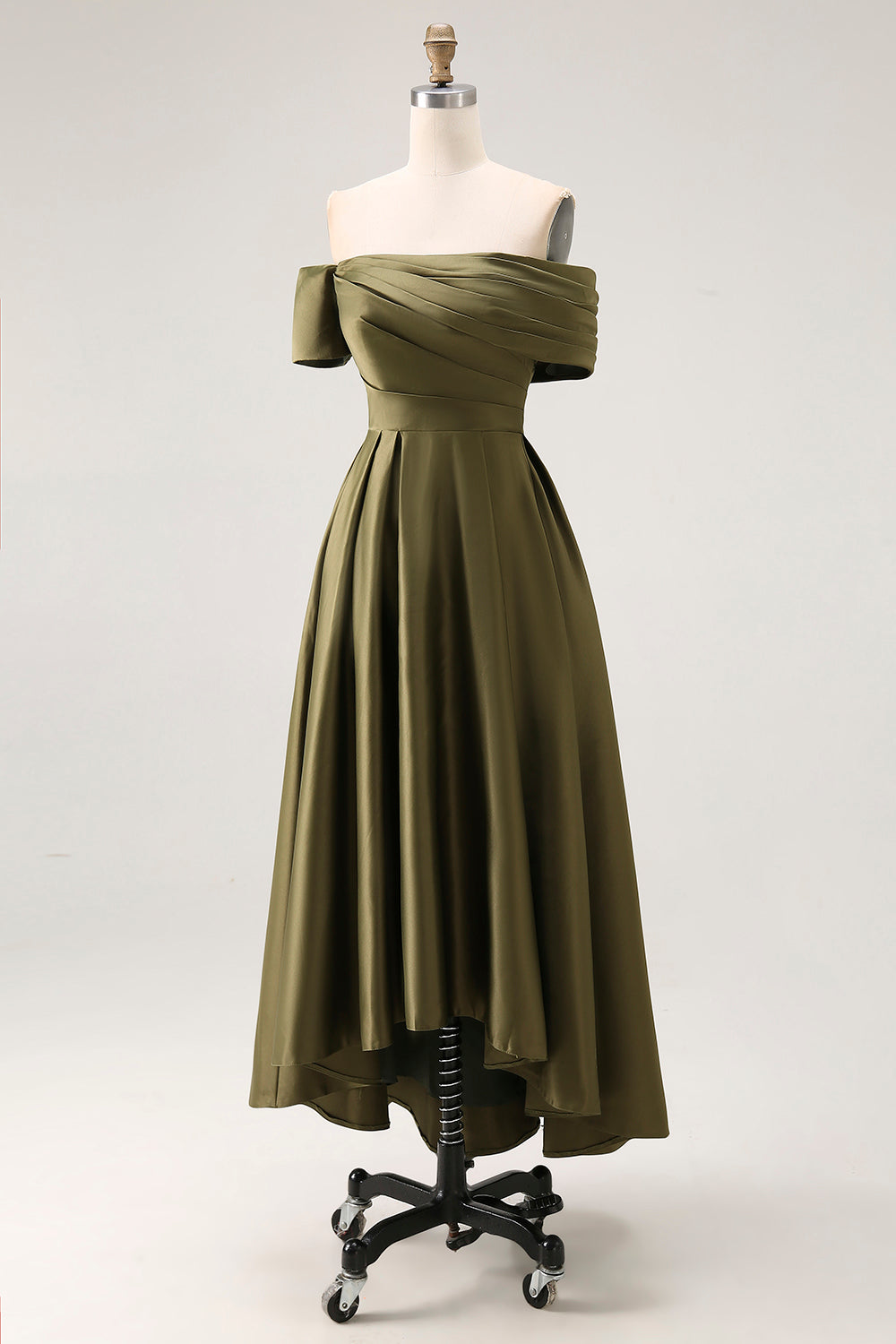 Off the Shoulder Ruched Olive Midi Mother of the Bride Dress