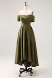 Off the Shoulder Ruched Olive Midi Mother of the Bride Dress