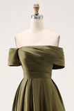 Off the Shoulder Ruched Olive Midi Mother of the Bride Dress