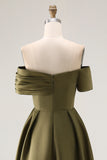 Off the Shoulder Ruched Olive Midi Mother of the Bride Dress