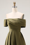 Off the Shoulder Ruched Olive Midi Mother of the Bride Dress