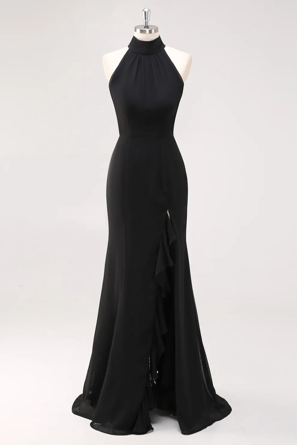 Halter Neck Black Ruffles Mermaid Long Formal Dress with Slit