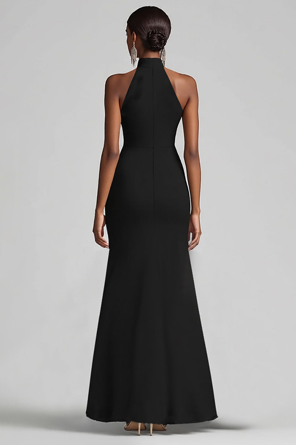 Halter Neck Black Ruffles Mermaid Long Formal Dress with Slit