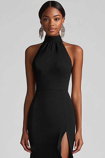 black halter neck dress uk So Serious Black Halterneck Pencil Midi Dress