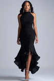 Black Ruffles Mermaid Halter Neck Long Formal Dress with Slit