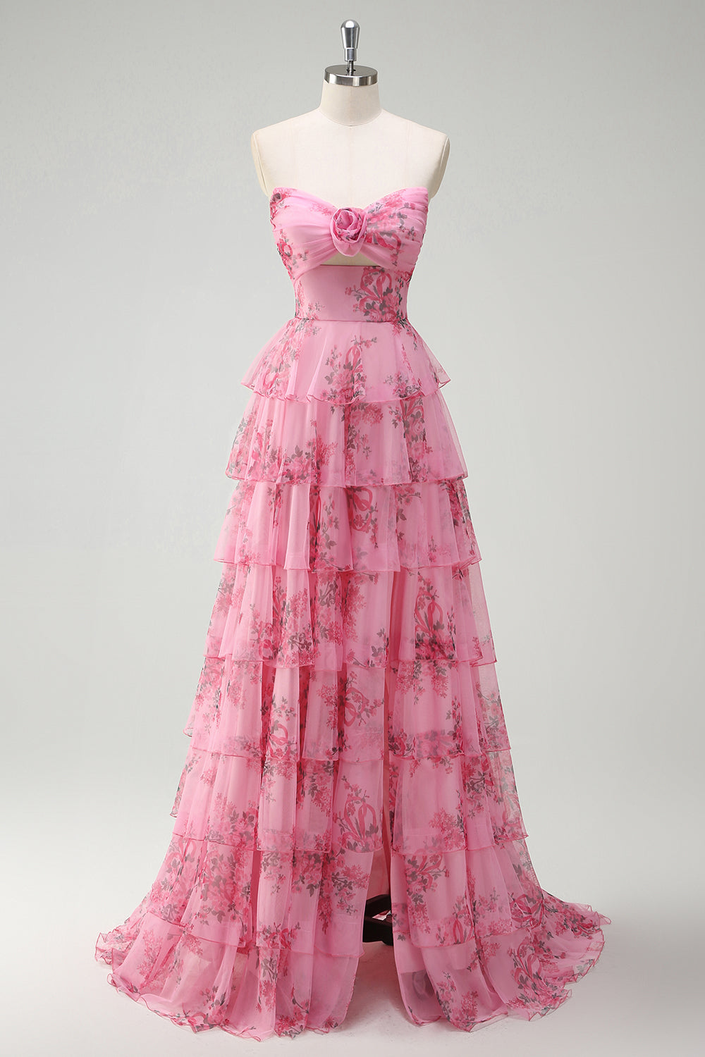 A Line Blush Floral Printed Princess Sweetheart Tiered Long Prom Dress