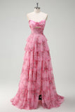 A Line Blush Floral Printed Princess Sweetheart Tiered Long Prom Dress