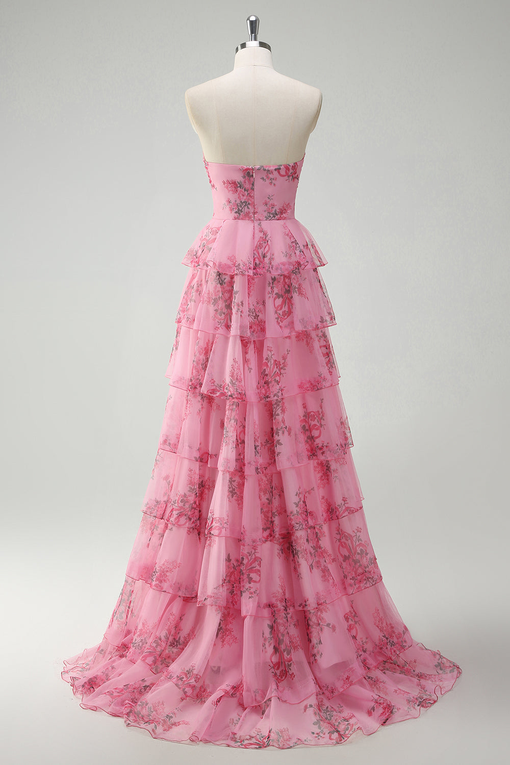 A Line Blush Floral Printed Princess Sweetheart Tiered Long Prom Dress