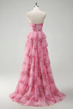 A Line Blush Floral Printed Princess Sweetheart Tiered Long Prom Dress
