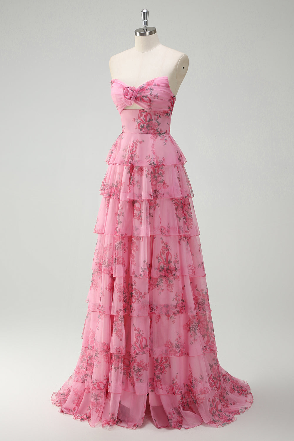 A Line Blush Floral Printed Princess Sweetheart Tiered Long Prom Dress