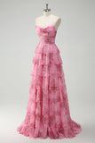 A Line Blush Floral Printed Princess Sweetheart Tiered Long Prom Dress