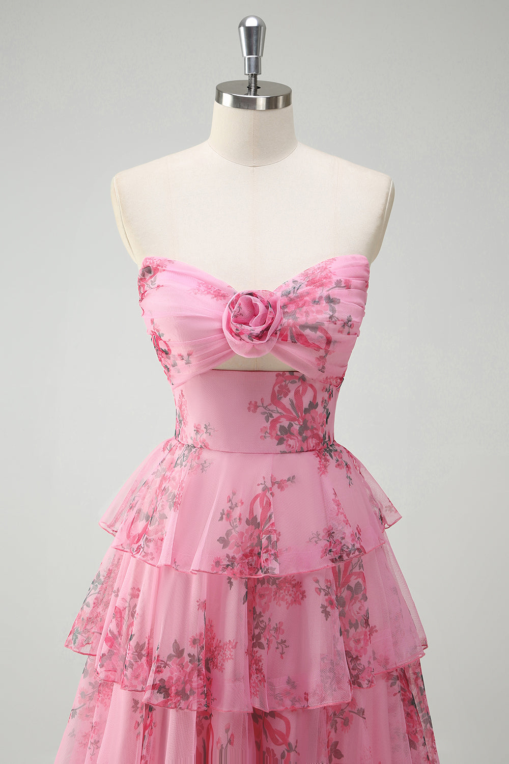 A Line Blush Floral Printed Princess Sweetheart Tiered Long Prom Dress