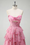A Line Blush Floral Printed Princess Sweetheart Tiered Long Prom Dress