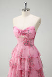 A Line Blush Floral Printed Princess Sweetheart Tiered Long Prom Dress
