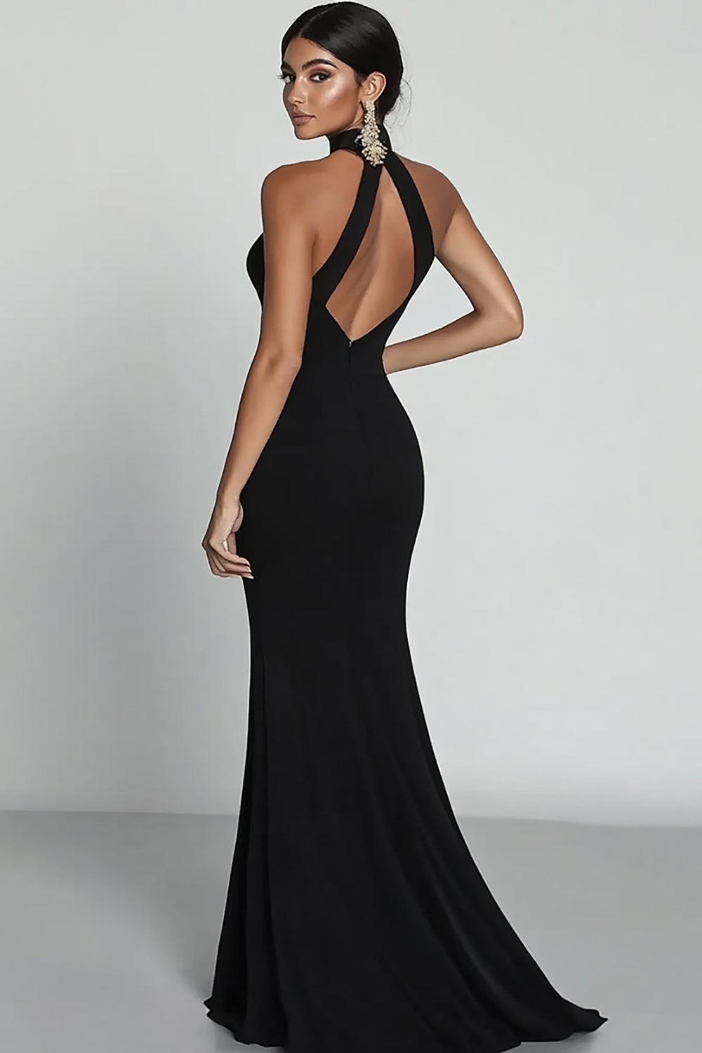 Black Halter Neck Mermaid Satin Long Formal Dress