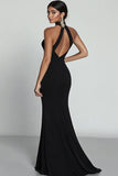 Black Halter Neck Mermaid Satin Long Formal Dress