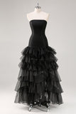 Black Strapless Tiered Tulle Ruffles Evening Dress