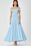 Off the Shoulder Sky Blue A Line Ruched Chiffon Formal Dress