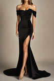 Black Mermaid Satin Off the Shoulder Evening Dress with Slit