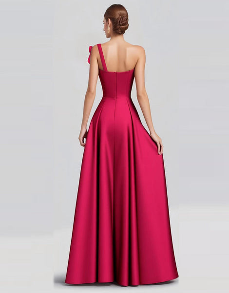WEDTREND Women Fuchsia Long Prom Dress A-Line Bow One Shoulder Satin Evening  Dress  Wedtrend UK