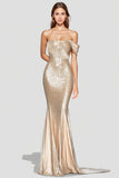 Sparkly Mermaid Sequin Champagne Off Shoulder Pleated Formal Dress