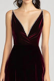 Burgundy Velvet V Neck Spaghetti Straps Formal Dress