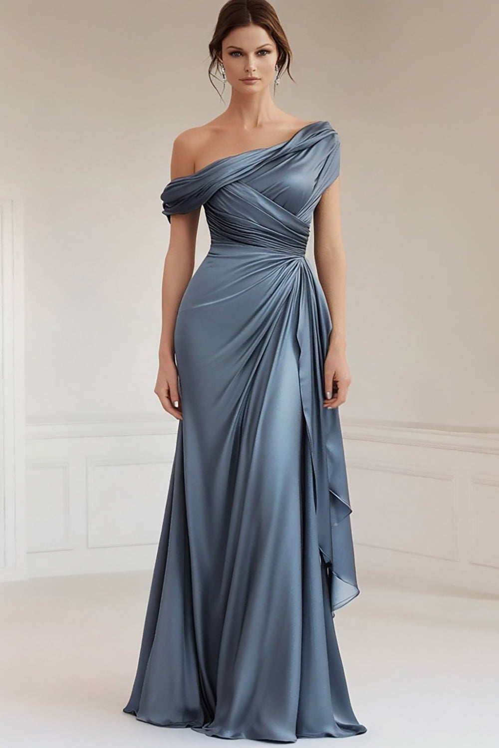 Grey Blue One Shoulder Satin Ruched Formal Dress with Ruffles