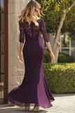 Dark Purple Lace Chiffon Mermaid Mother of the Bride Dress with 3/4 Sleeves