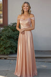 Elegant Champagne Off the Shoulder Long Ruched Mother Of Bride Dress