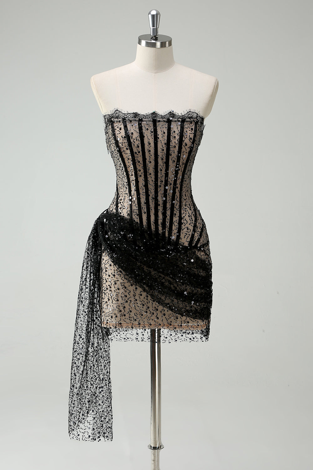 Sparkly Strapless Sequin Little Black Dress with Streamer