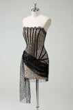 Sparkly Strapless Sequin Little Black Dress with Streamer