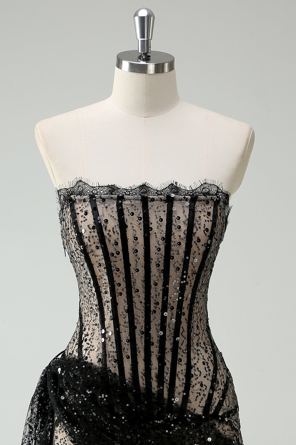 Sparkly Strapless Sequin Little Black Dress with Streamer