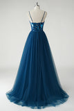 Sparkly Dark Blue A-Line Spaghetti Straps Mirror Long Prom Dress