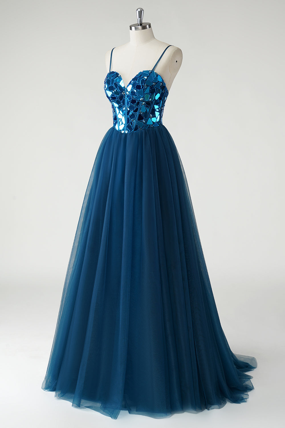Sparkly Dark Blue A-Line Spaghetti Straps Mirror Long Prom Dress