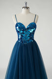 Sparkly Dark Blue A-Line Spaghetti Straps Mirror Long Prom Dress