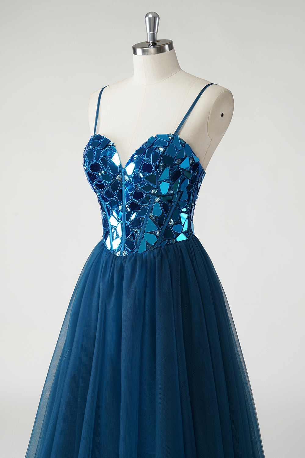 Sparkly Dark Blue A-Line Spaghetti Straps Mirror Long Prom Dress