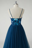 Sparkly Dark Blue A-Line Spaghetti Straps Mirror Long Prom Dress