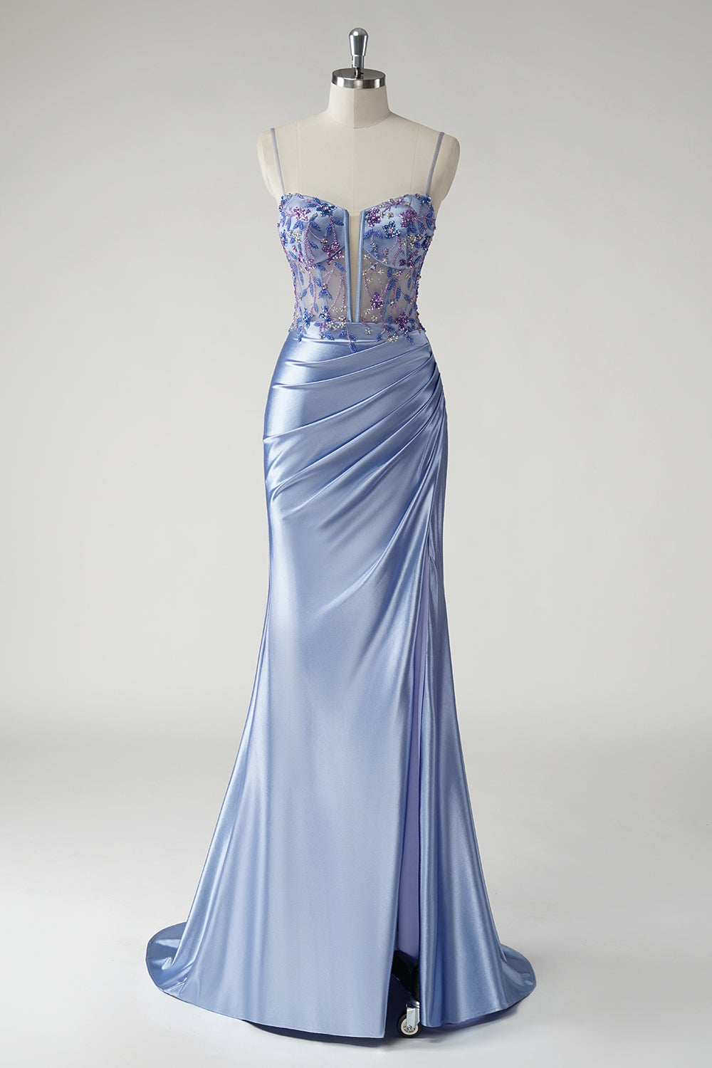 Sparkly Blue Mermaid Satin Floral Beaded Long Prom Dress with Slit