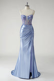 Sparkly Blue Mermaid Satin Floral Beaded Long Prom Dress with Slit